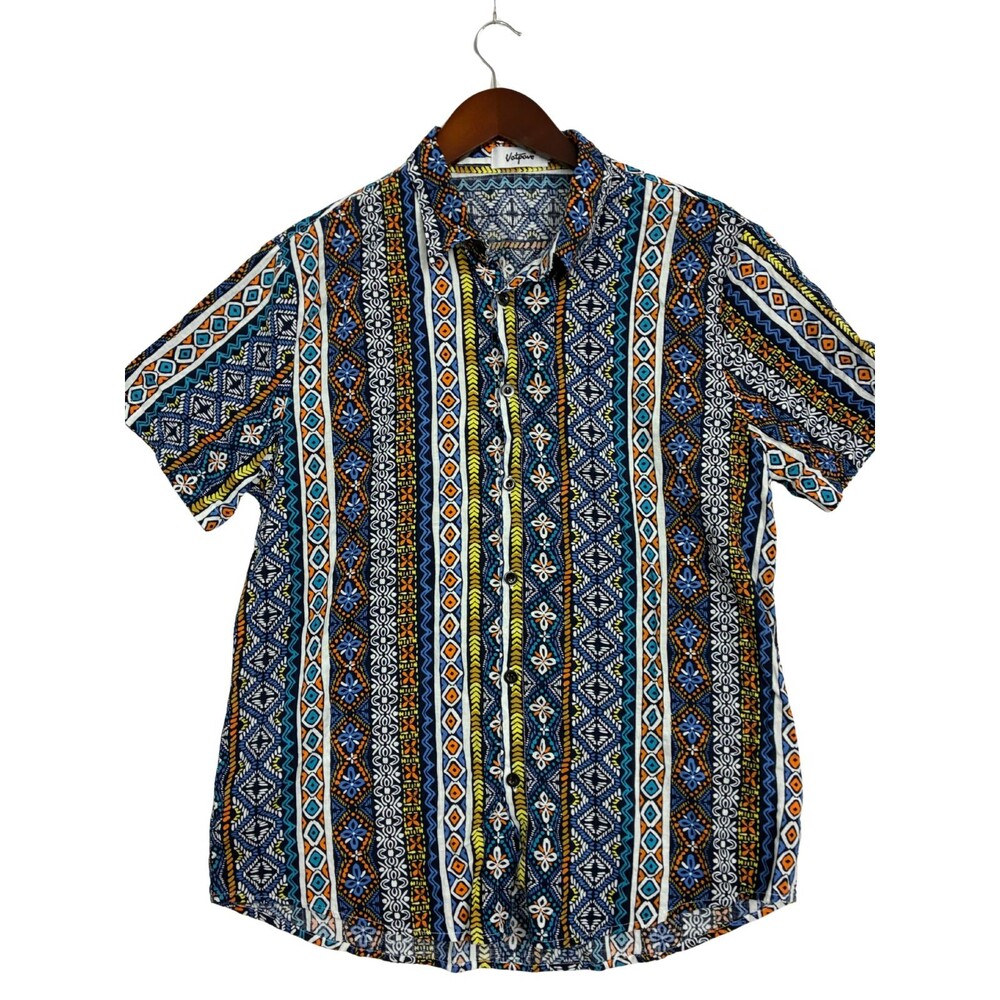 Vatpave Men's M Blue Orange Geometric Tribal Short Sleeve Button Up Shirt
